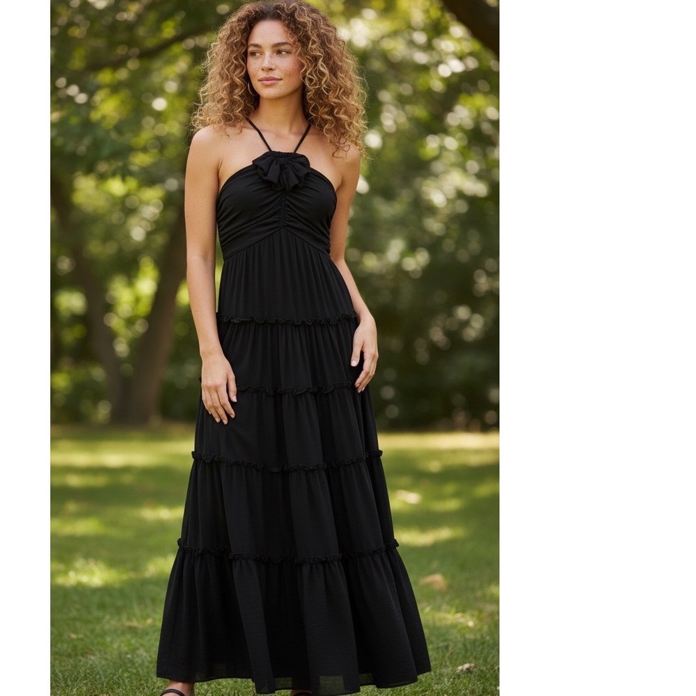 Petal & Pup Black Halter Tiered Maxi Dress Rosette Smocked Back Size L